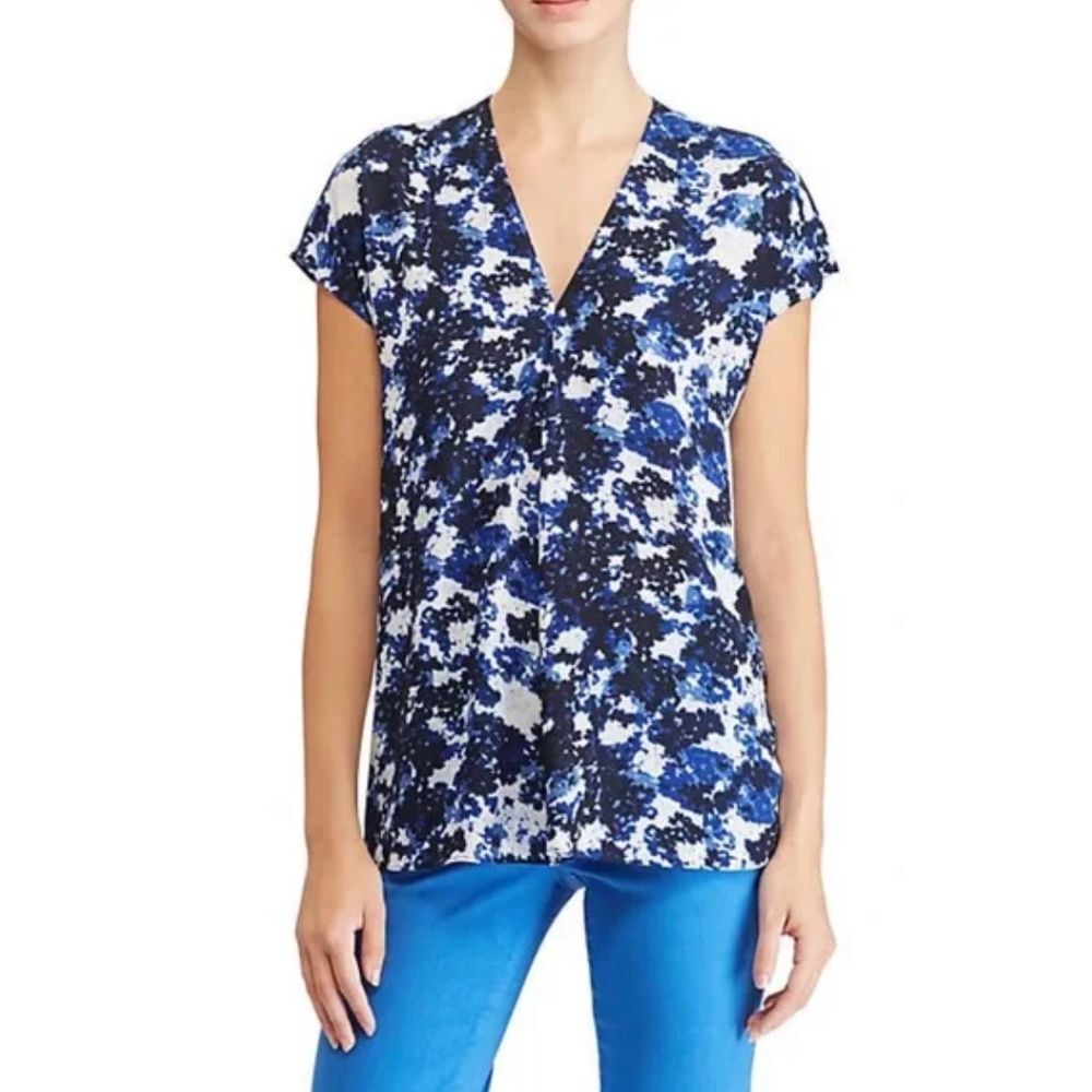 Lauren Ralph Lauren Printed Blouse Short Sleeve Blue Size M Casual Flowy